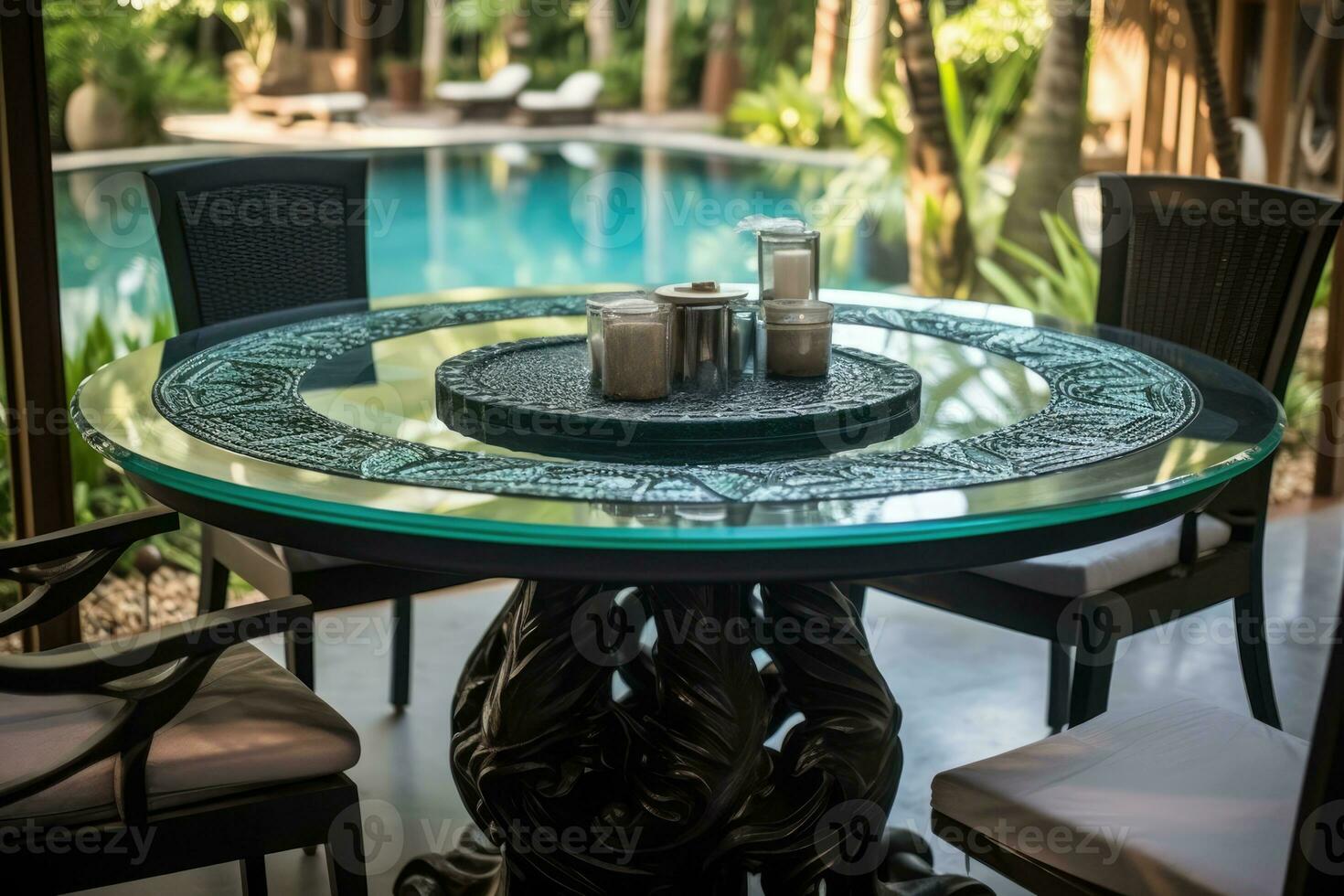 ai gegenereerd glas dining tafel in modern zwembad Oppervlakte foto