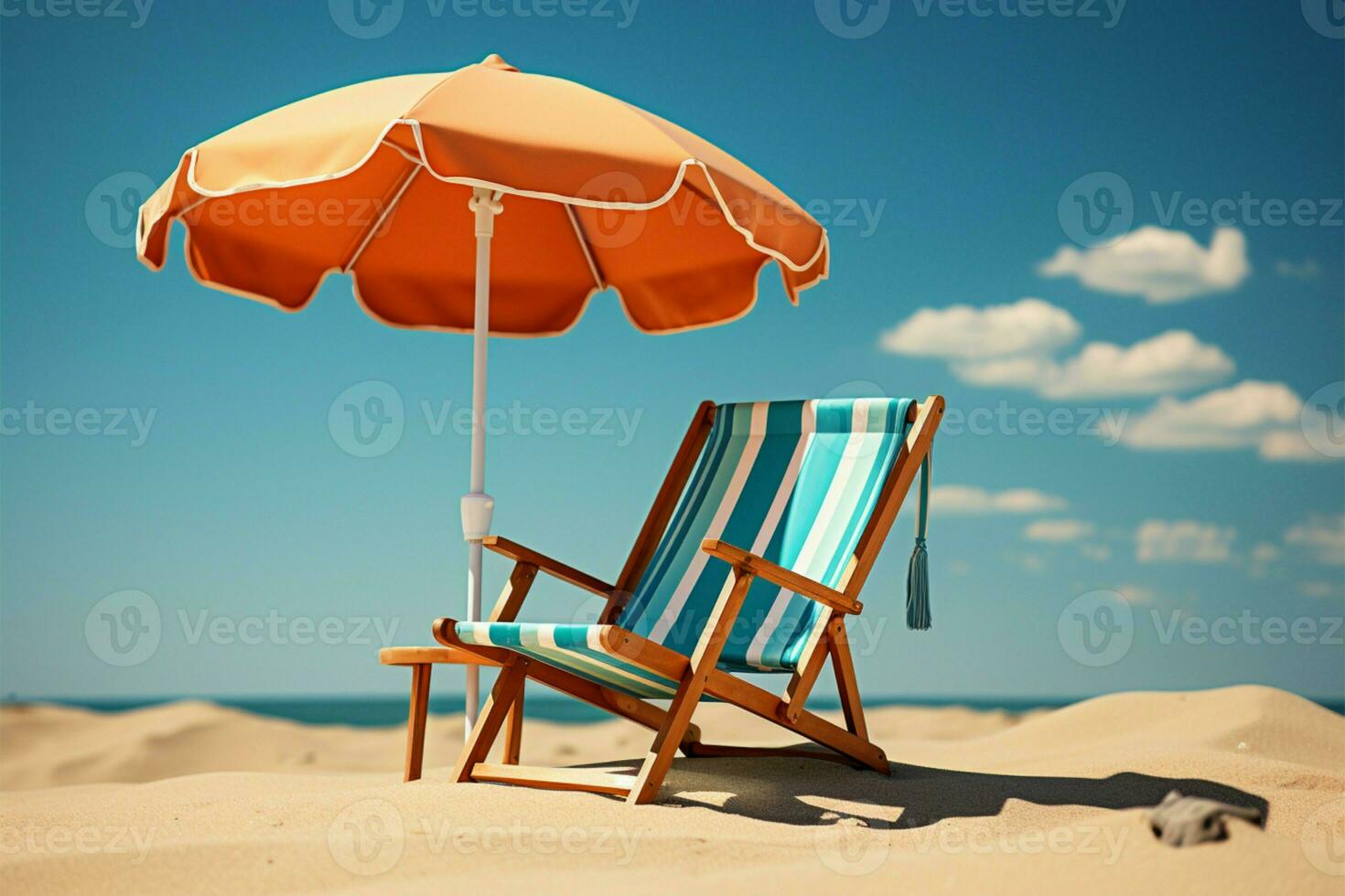 ai gegenereerd zonnig terugtrekken strand stoel en paraplu tegen blauw lucht backdrop foto