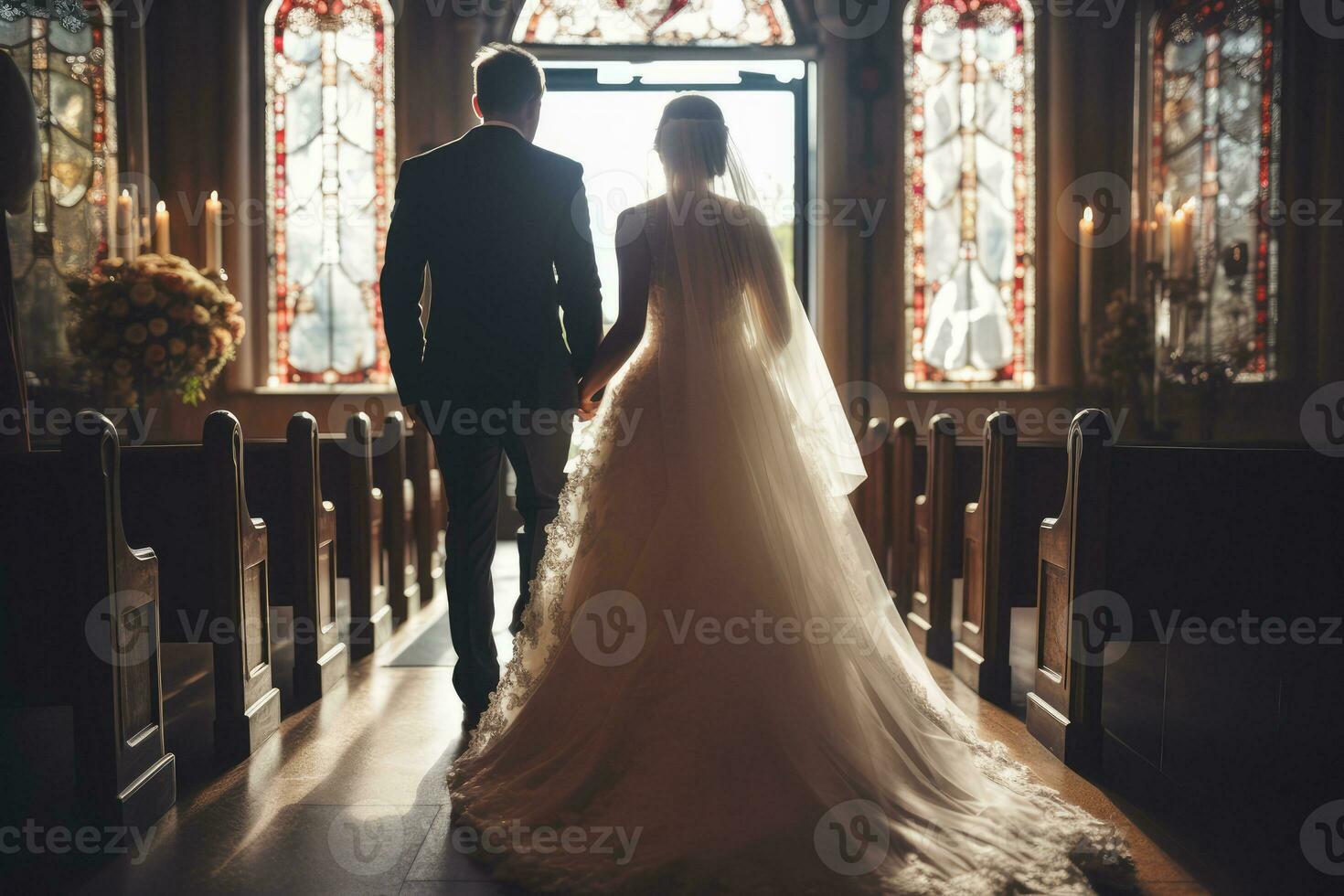 ai gegenereerd mooi Kaukasisch wit bruid en bruidegom samen in de kerk foto