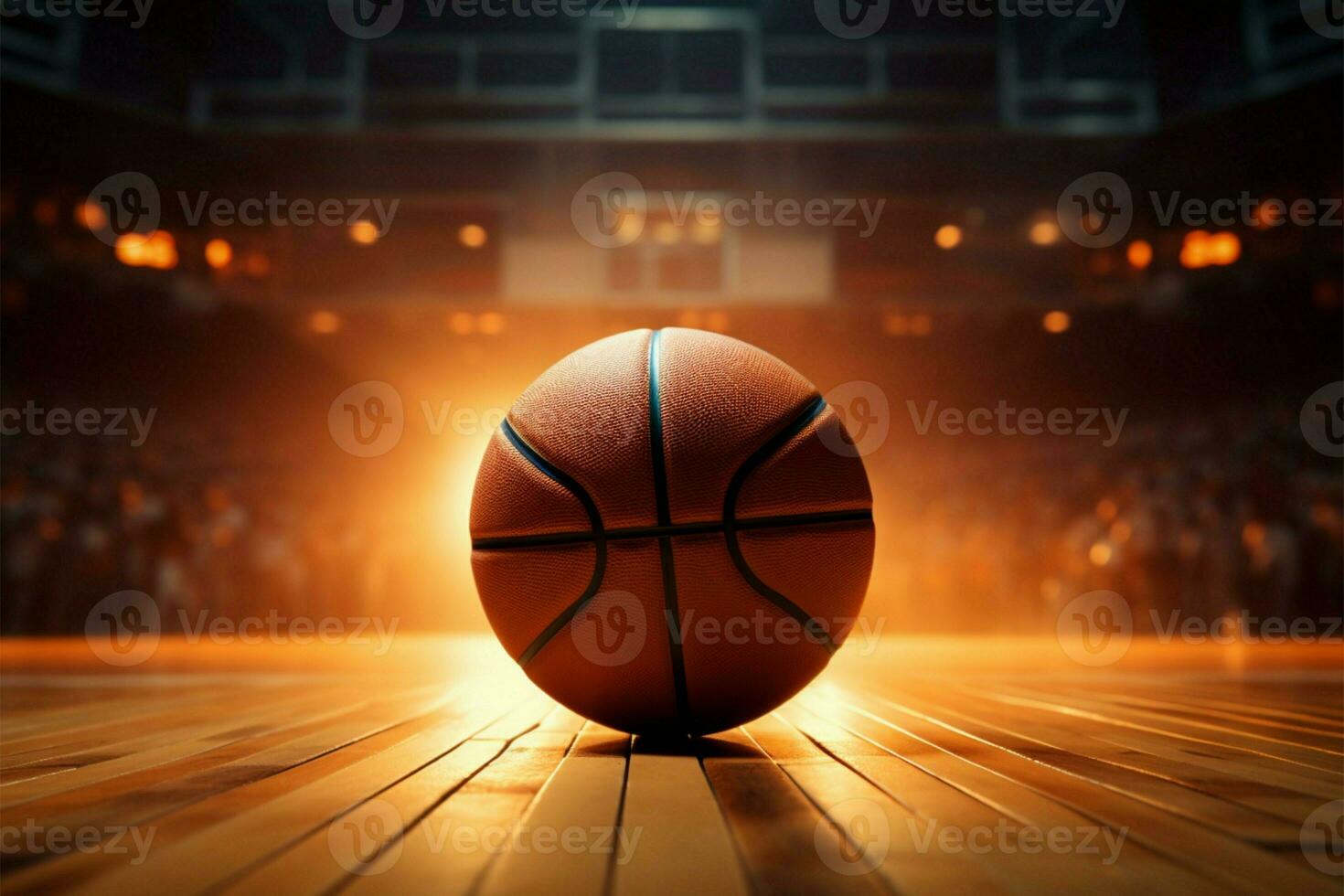 ai gegenereerd arena atmosfeer basketbal spel met oranje rechtbank en competitief geest foto