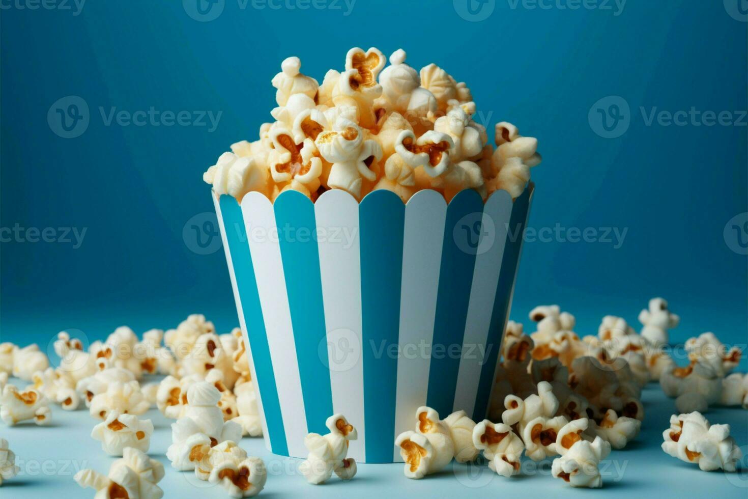 ai gegenereerd filmische genot blauw popcorn doos Aan een wit achtergrond tussendoortje foto