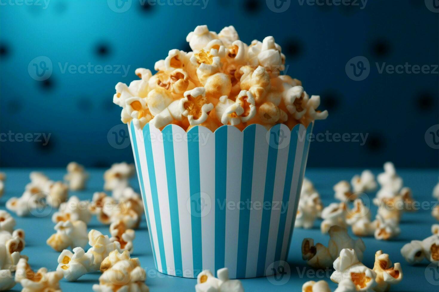 ai gegenereerd tussendoortje gevoel blauw popcorn doos tegen een schoon wit achtergrond foto