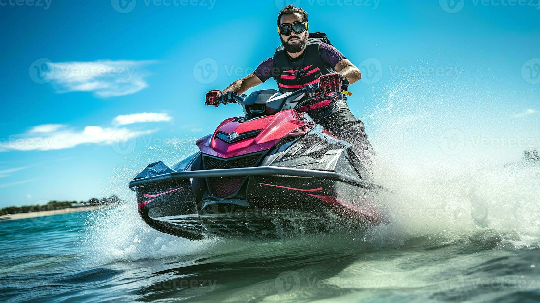 ai gegenereerd portret van een Mens ritten een Jet ski Aan de strand. jong volwassen mannetje is gelukkig terwijl Jet skiën. vakantie, weekend, vakanties concept. generatief ai foto