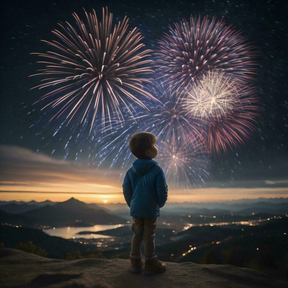 ai gegenereerd weinig jongen op zoek Bij vuurwerk in de nacht lucht over- de bergen. generatief ai foto