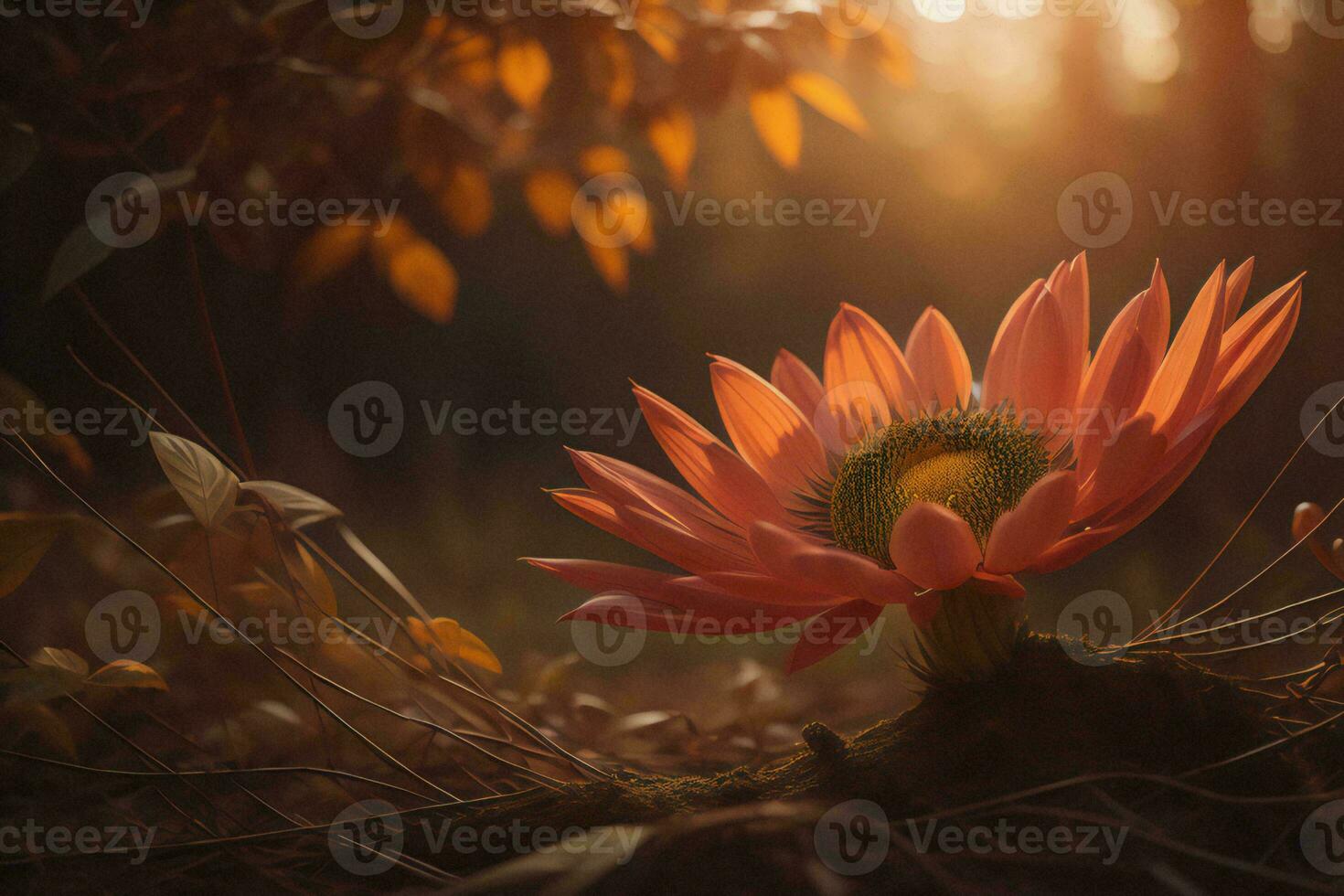 ai gegenereerd mooi oranje bloem in de Woud Bij zonsondergang. bloemen achtergrond. generatief ai foto