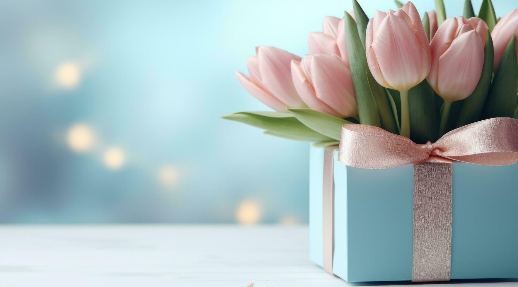 ai gegenereerd geschenk en roze tulpen Aan blauw achtergrond foto