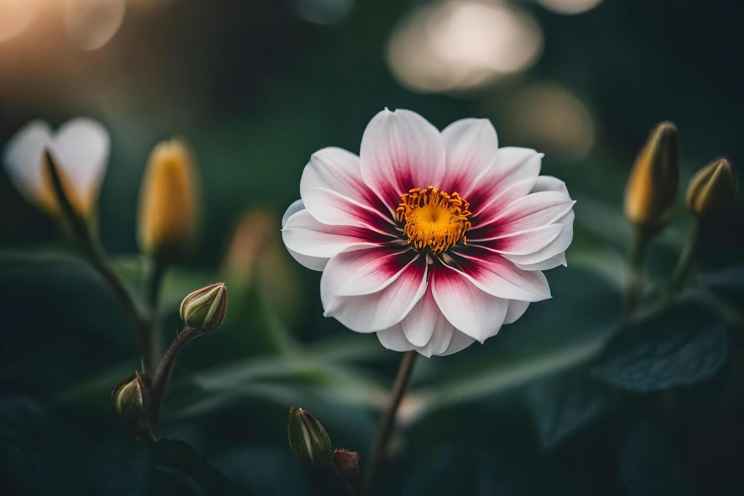 ai gegenereerd een wit en roze bloem met een geel centrum foto