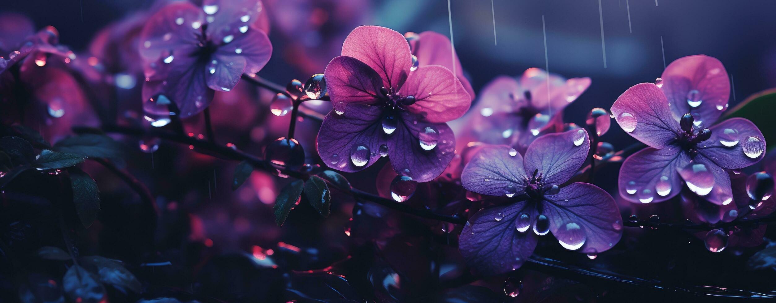 ai gegenereerd regen druppels drijvend in water in de buurt Purper bloemen foto