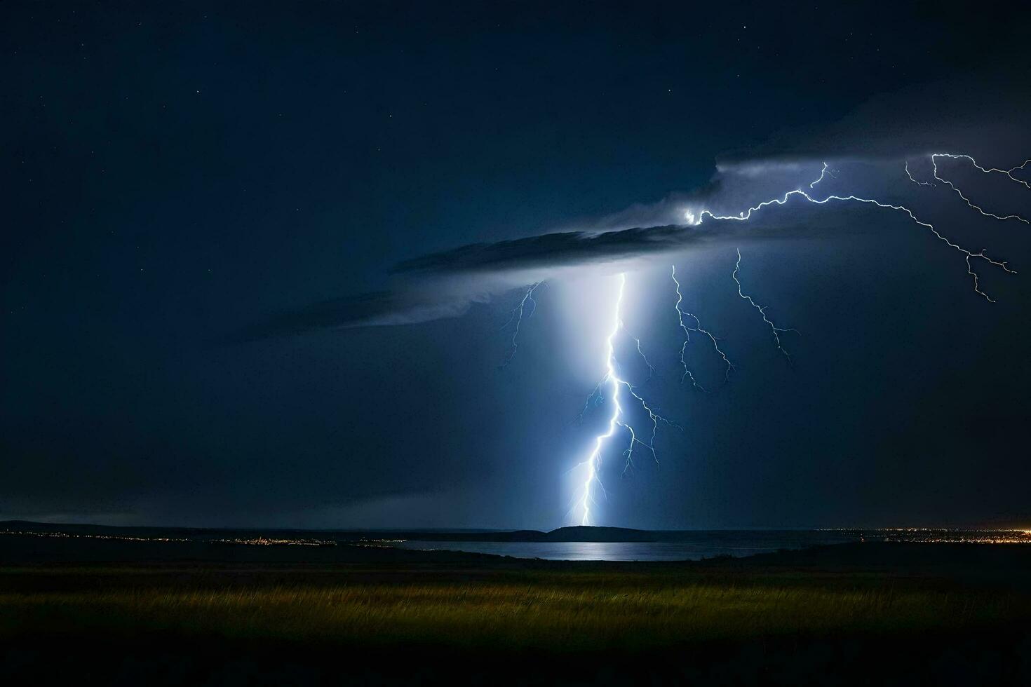 ai gegenereerd bliksem stakingen over- een lichaam van water en een veld- foto