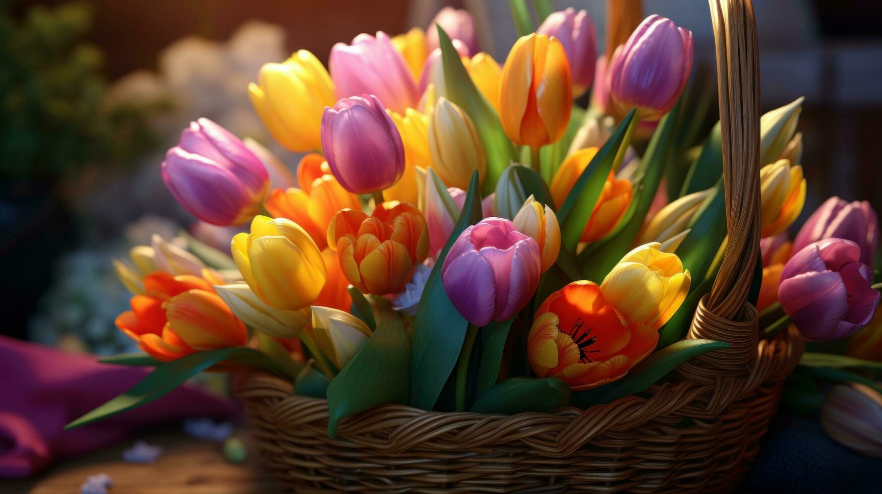 ai gegenereerd een mand gevulde met kleurrijk tulpen zit Aan een tafel foto