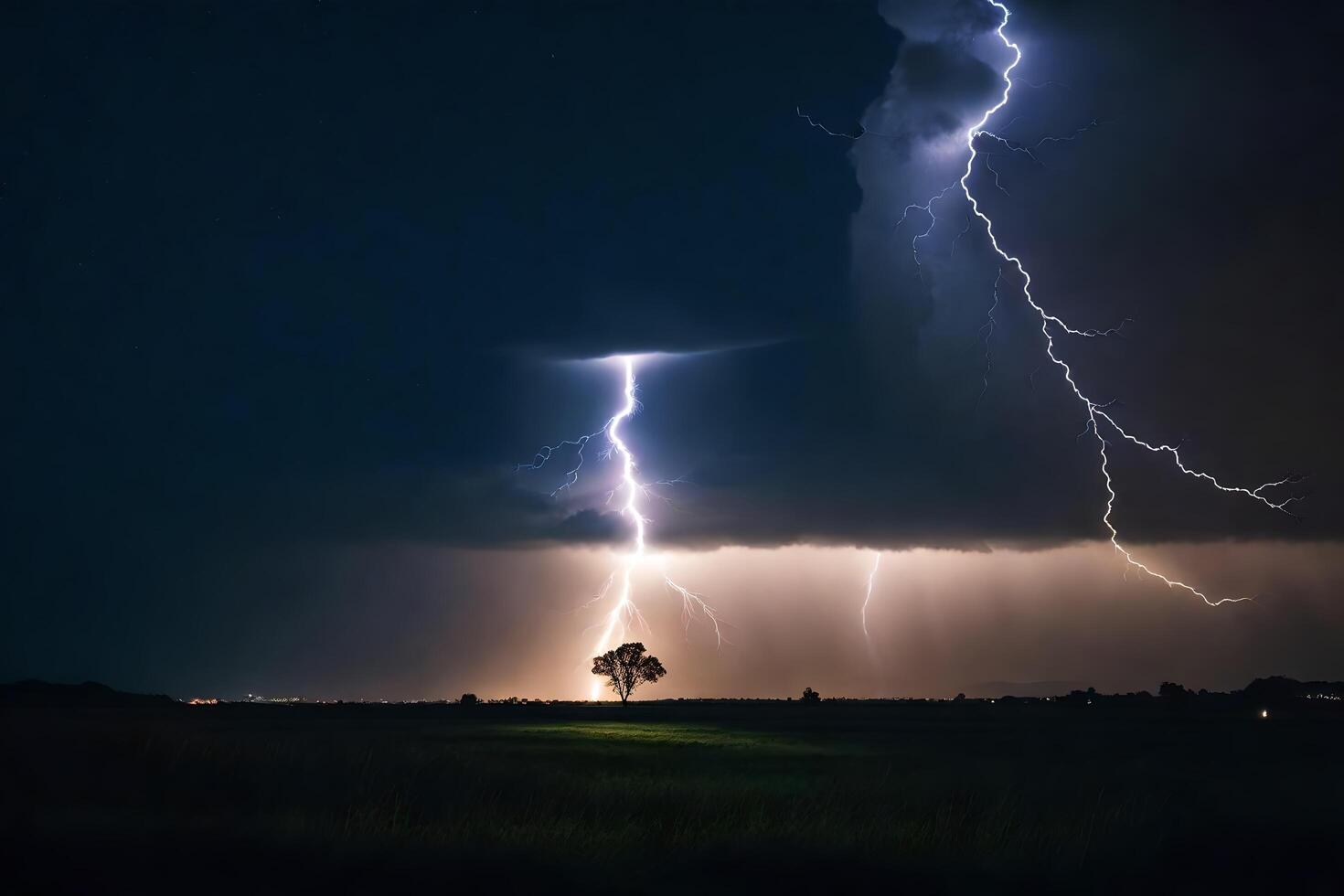 ai gegenereerd bliksem stakingen over- een veld- met een boom in de achtergrond foto