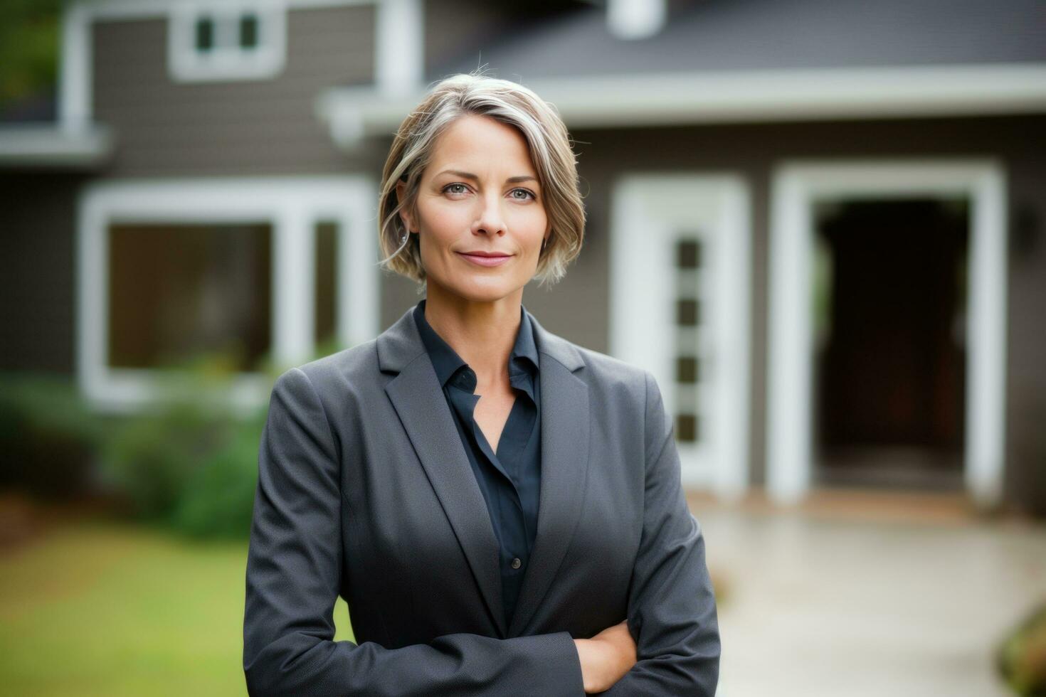 ai gegenereerd vrouw in bedrijf pak staand in voorkant van huis na ondertekening een contract foto