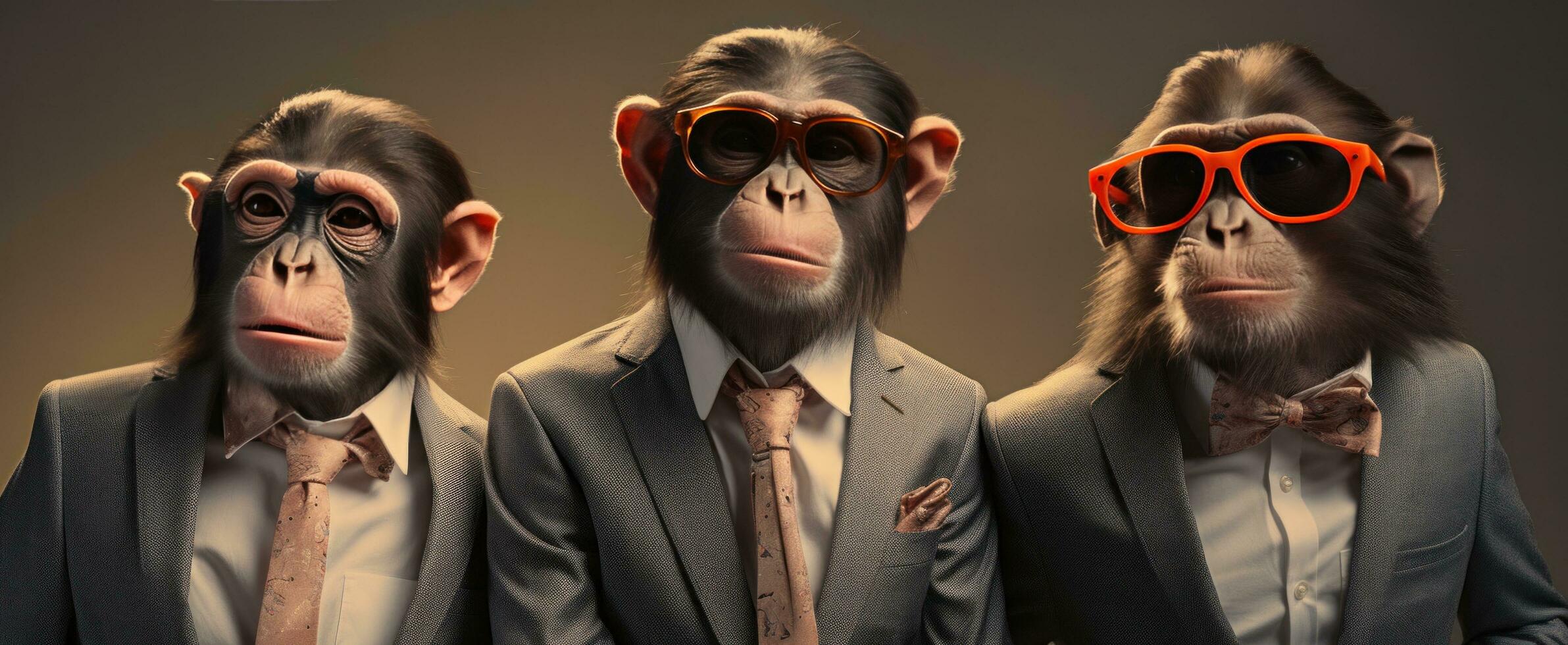 ai gegenereerd drie apen in zonnebril zijn gekleed omhoog voor een prestatie foto