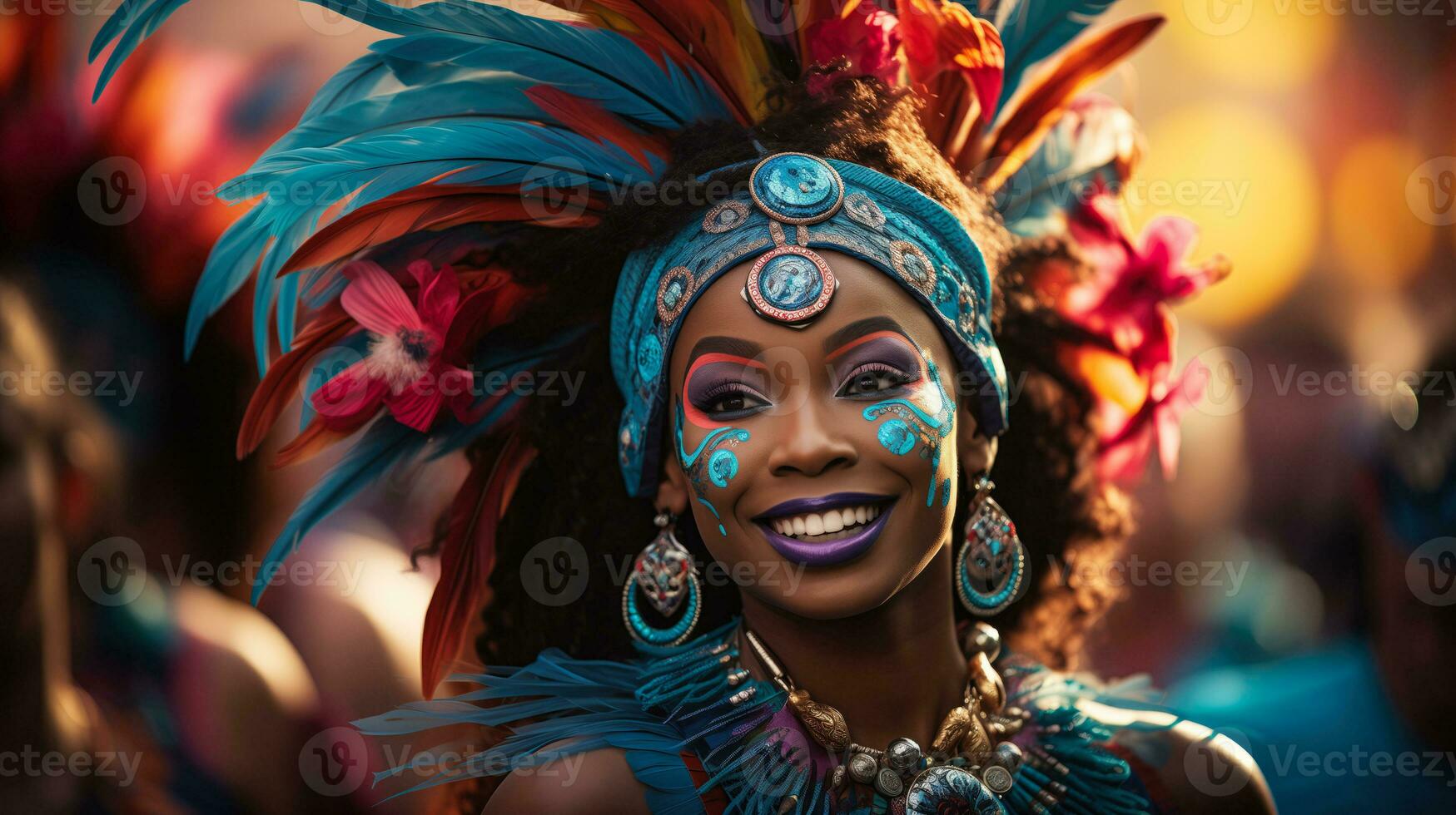 ai gegenereerd een levendig en kleurrijk tafereel van een carnaval optocht met dansers in uitwerken kostuums en maskers met leeg ruimte voor tekst foto