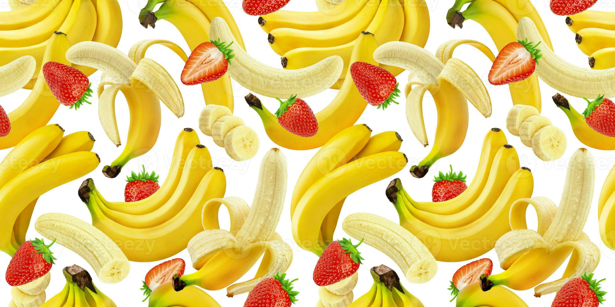 banaan en aardbei naadloos patroon, vallend bananen en aardbeien geïsoleerd Aan wit achtergrond met knipsel pad foto