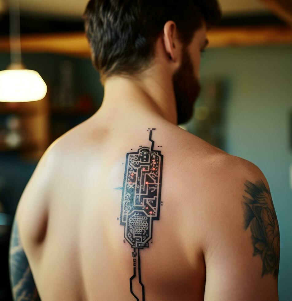 ai gegenereerd een persoon is hebben een tatoeëren van een computer Aan zijn schouder foto