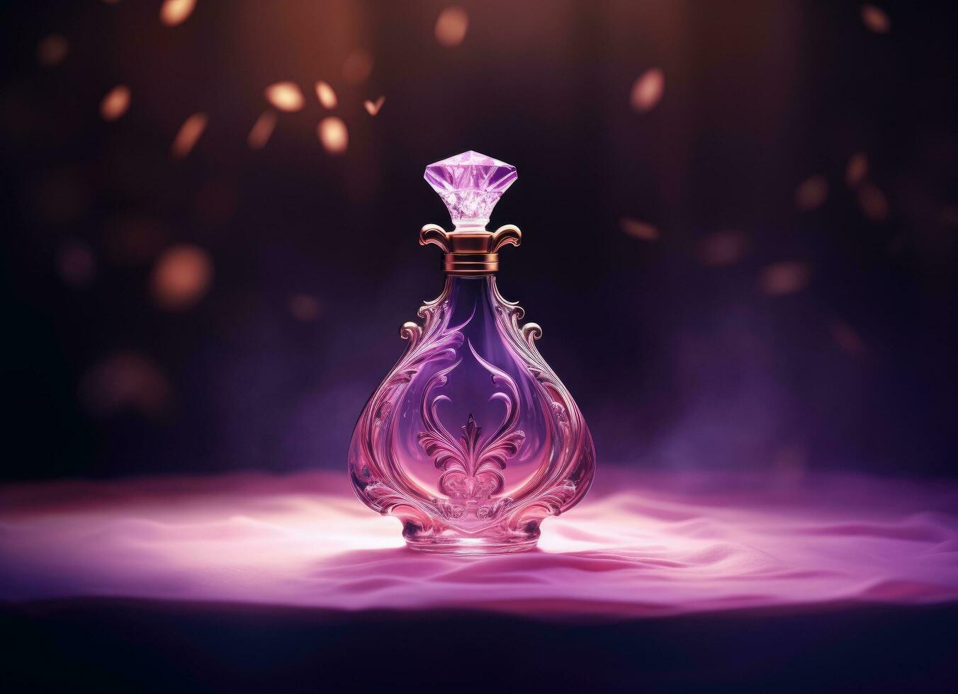 ai gegenereerd een donker beeld van een parfum fles met Purper gloeiend licht foto