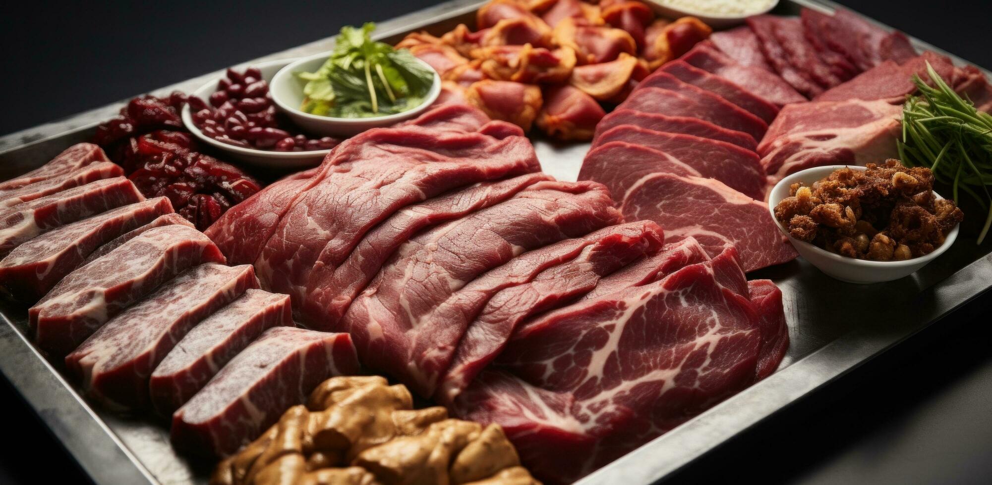 ai gegenereerd allemaal soorten van vlees Aan een dienblad rundvlees foto