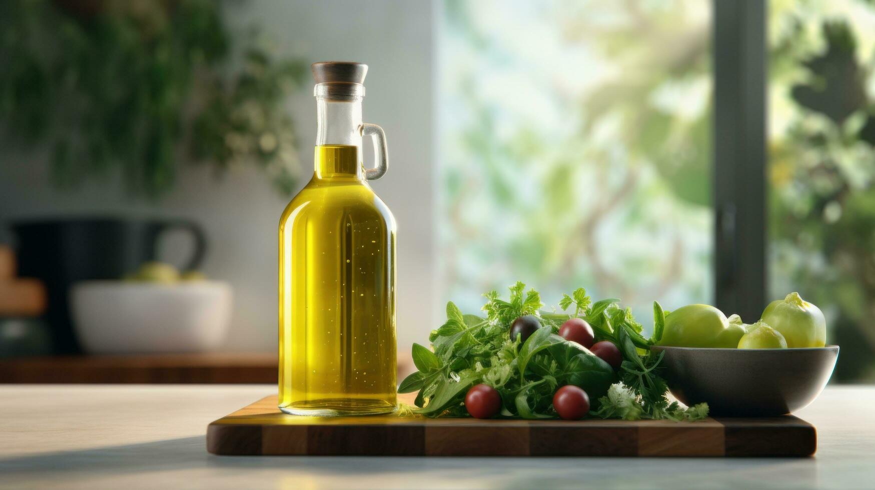 ai gegenereerd een olijf- olie fles Aan een houten bord en salade foto