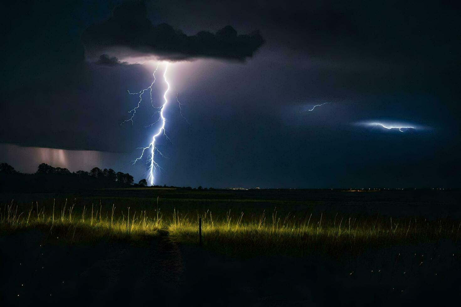 ai gegenereerd bliksem stakingen over- een veld- Bij nacht foto