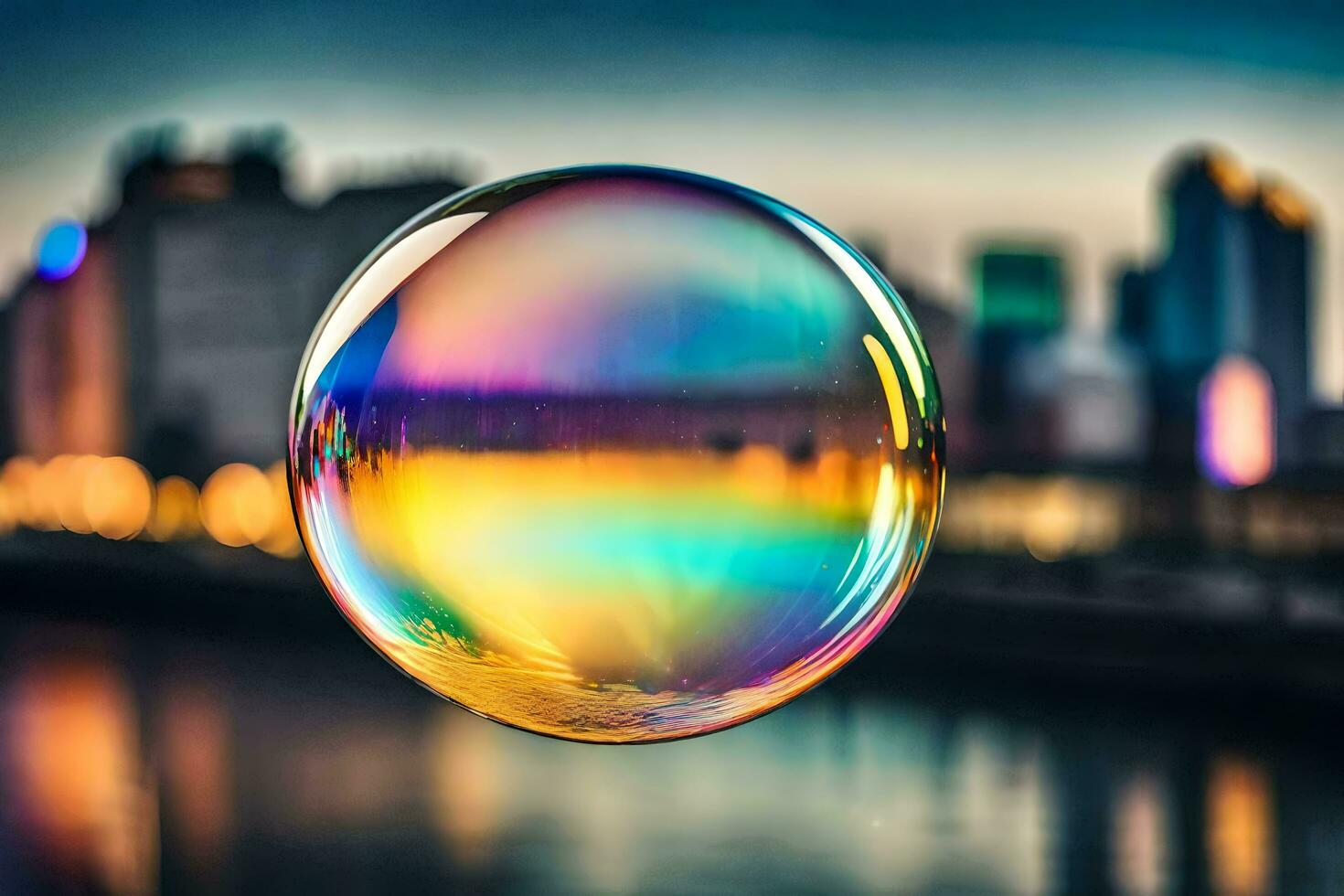 ai gegenereerd een kleurrijk zeep bubbel drijvend in voorkant van een stad horizon foto