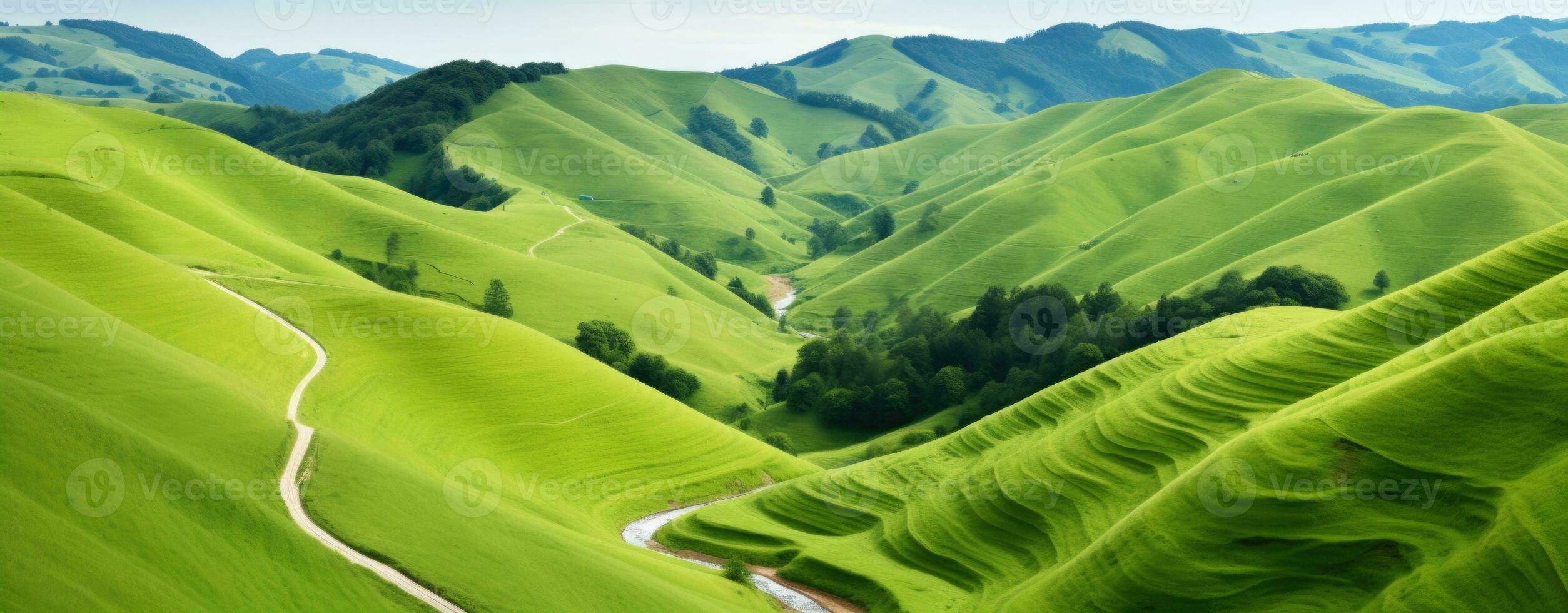 ai gegenereerd levendig rollend groen heuvels onder blauw lucht sereen landschap foto