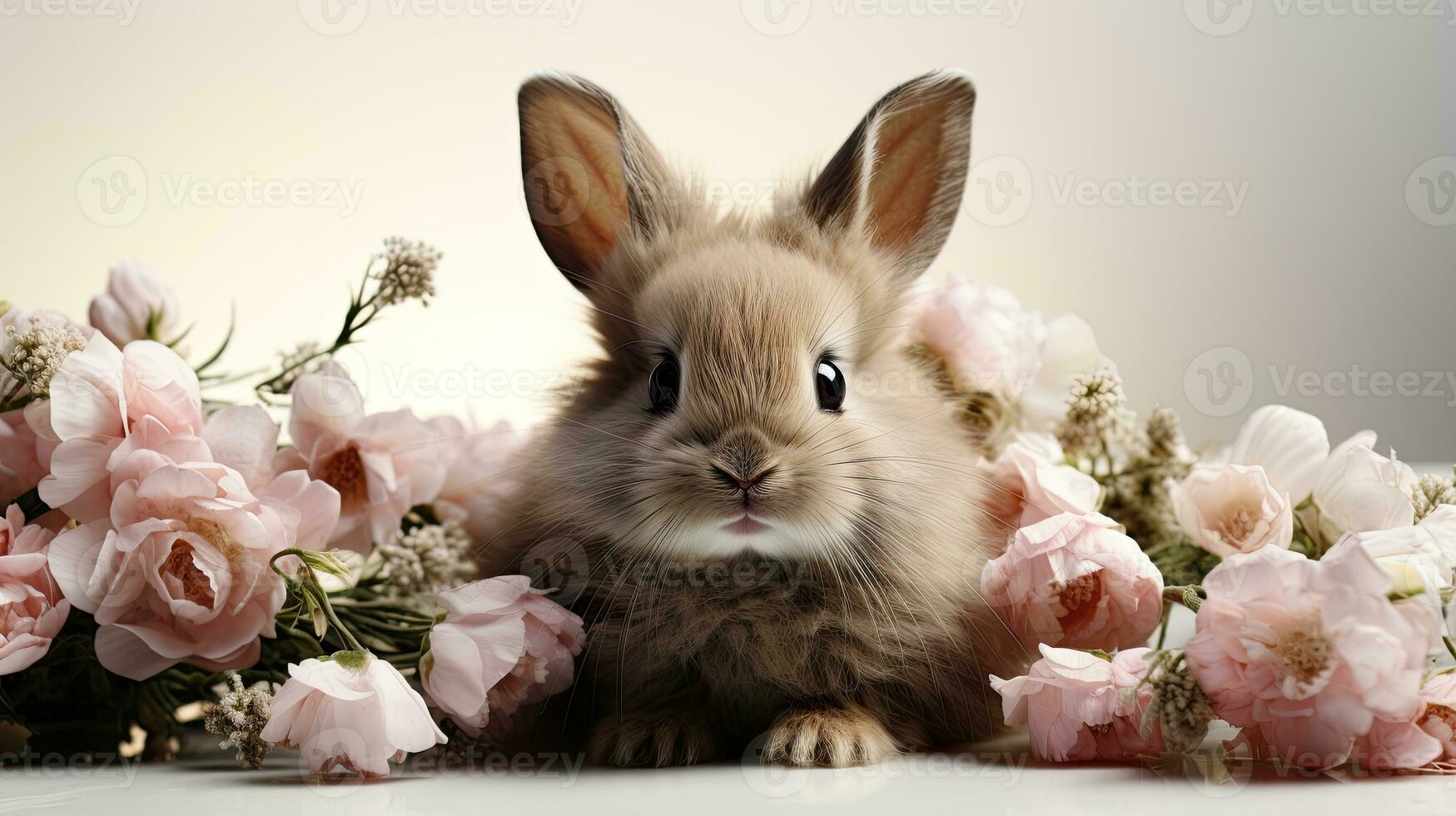 ai gegenereerd aanbiddelijk konijn te midden van voorjaar bloemen in levendig portret. foto