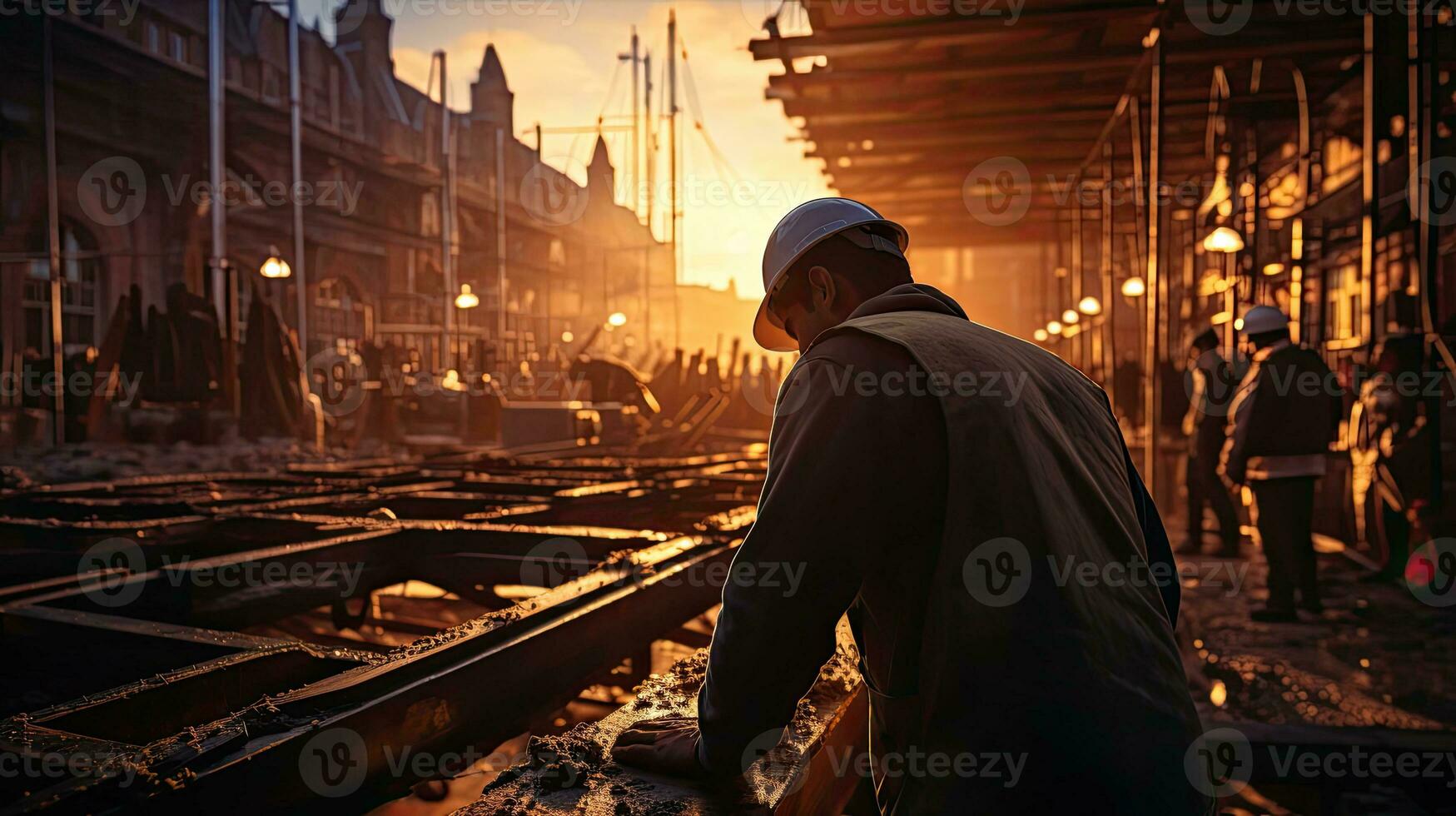 ai gegenereerd mannetje bouw arbeider in oranje hesje uniform werken Bij werk Aan een industrieel bouw plaats Bij zonsondergang foto