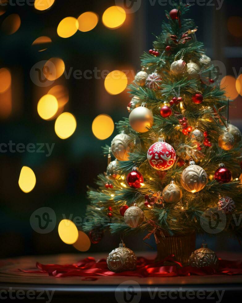 ai gegenereerd Kerstmis boom prachtig versierd met feestelijk ornamenten foto
