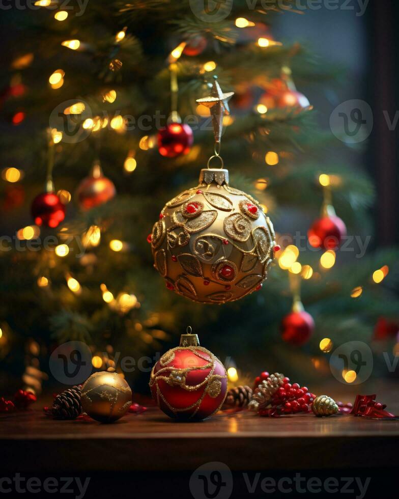 ai gegenereerd Kerstmis boom prachtig versierd met feestelijk ornamenten foto