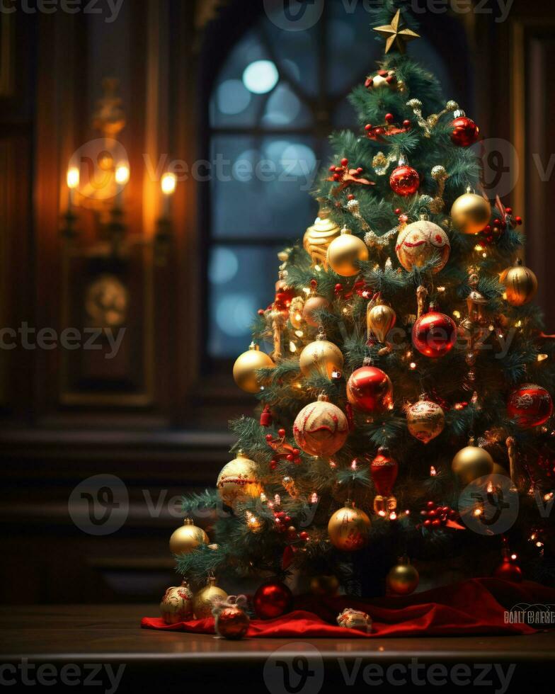 ai gegenereerd Kerstmis boom prachtig versierd met feestelijk ornamenten foto