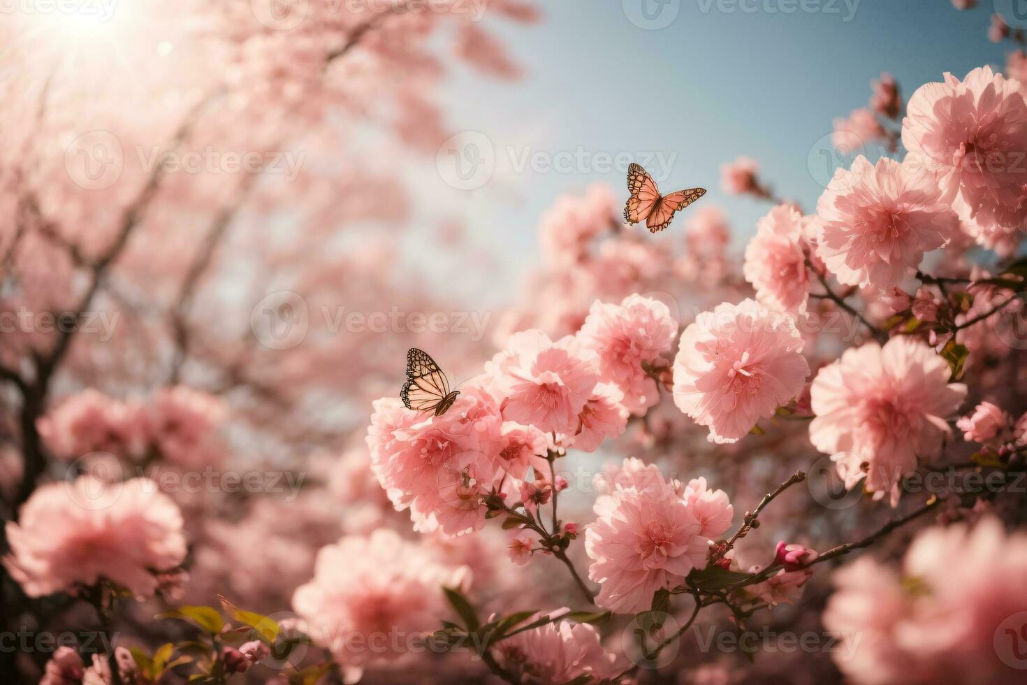 ai gegenereerd een dromerig sakura tuin met bevallig vlinders foto