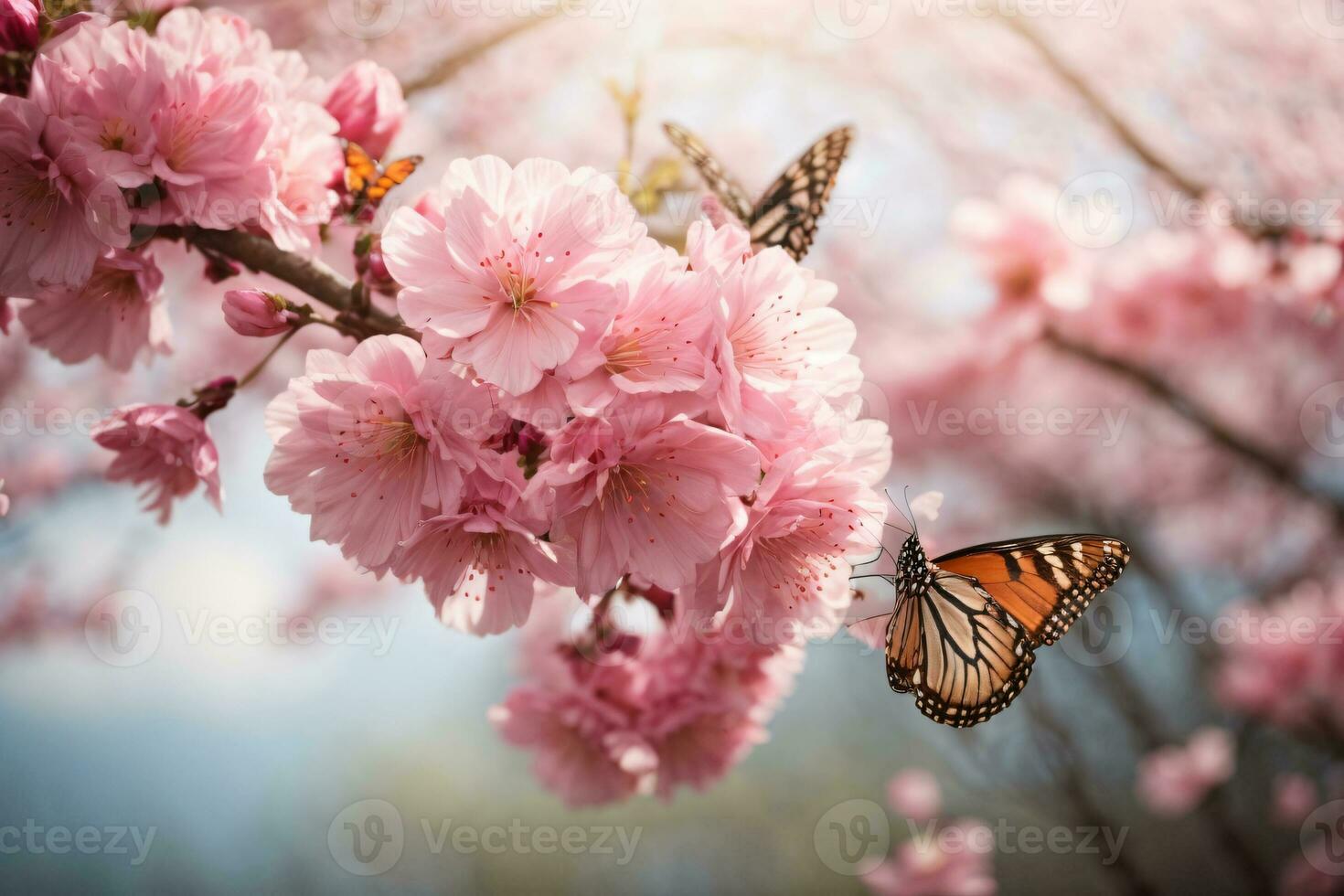 ai gegenereerd een dromerig sakura tuin met bevallig vlinders foto