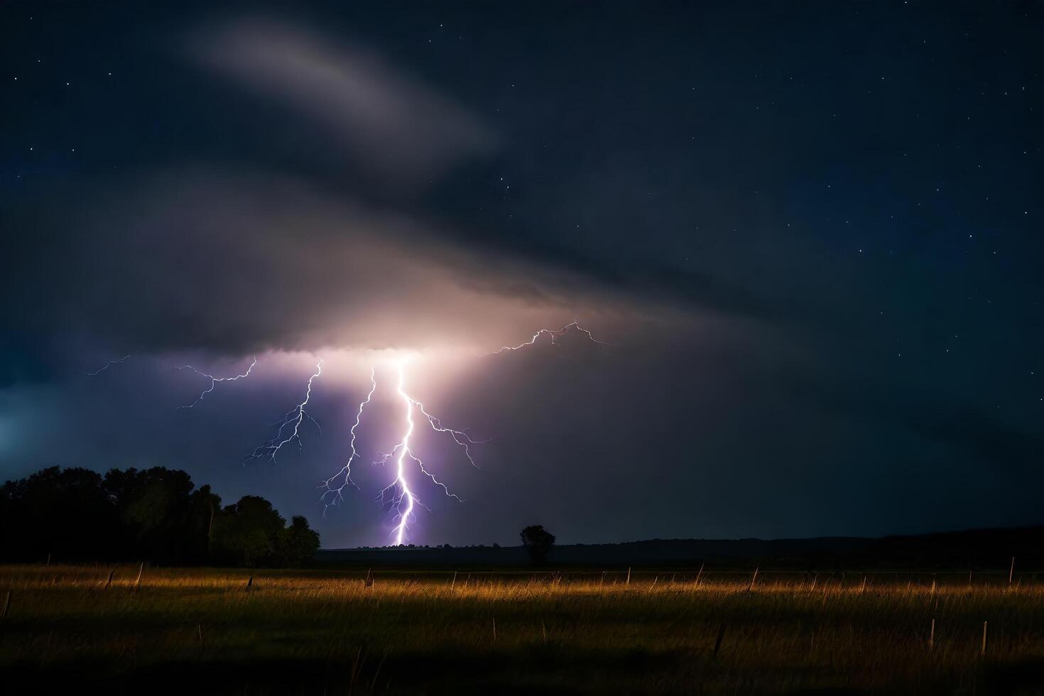 ai gegenereerd bliksem stakingen over- een veld- Bij nacht foto