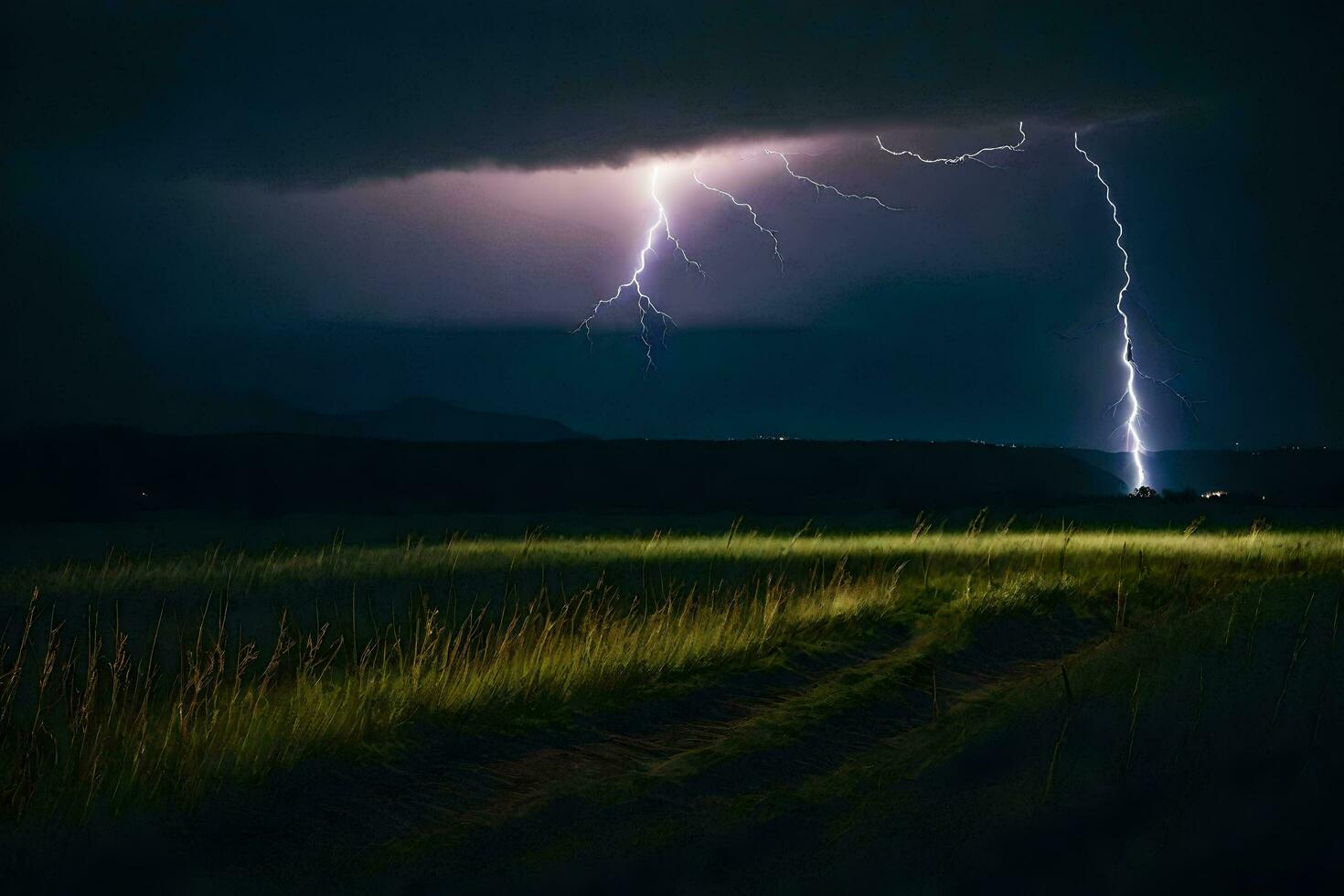 ai gegenereerd bliksem stakingen over- een veld- in de donker foto