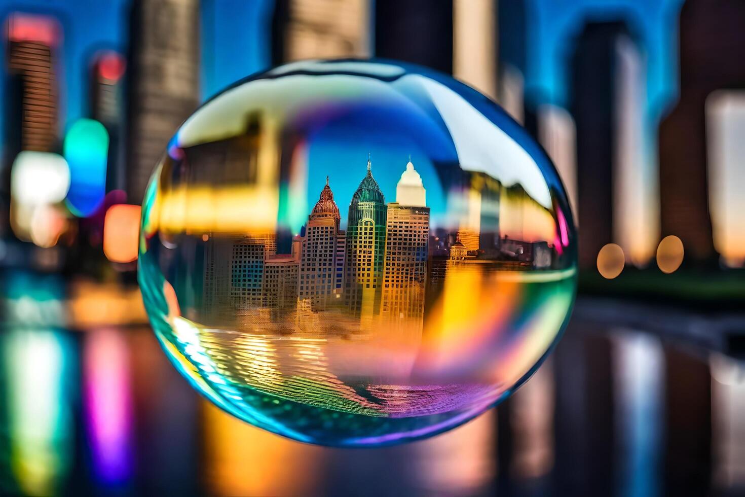 ai gegenereerd een stad in een bubbel met een reflectie van de horizon foto