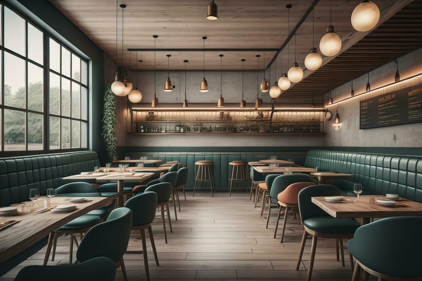 ai gegenereerd interieur van een modern cafe met blauw muren en houten vloer. ai generatief foto