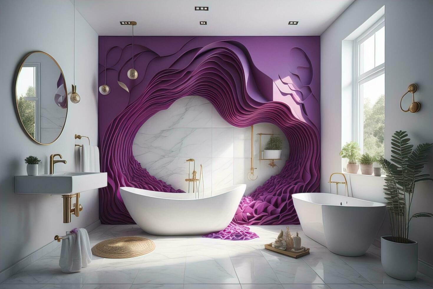 ai gegenereerd interieur van modern badkamer met Purper en wit muren, betegeld vloer, comfortabel wit bad en ronde spiegel. generatief ai foto