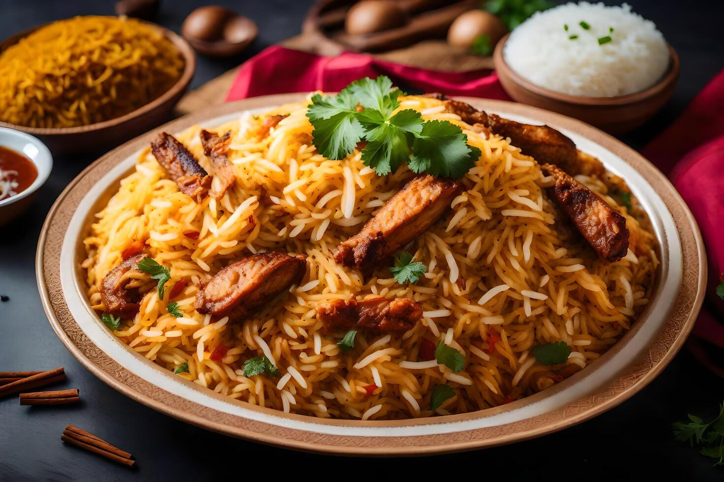 ai gegenereerd Indisch biryani met kip en specerijen foto