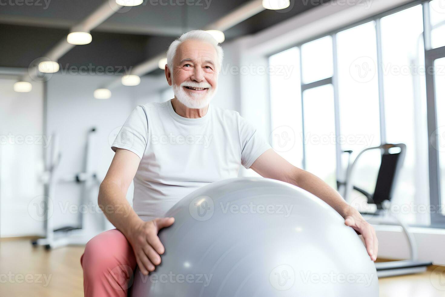 ai gegenereerd senior Kaukasisch Mens aan het doen oefening met een Zwitsers bal Bij een Sportschool foto