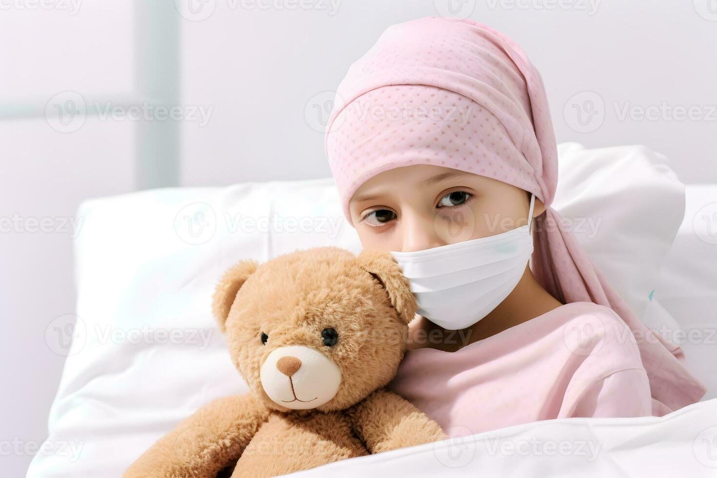 ai gegenereerd kanker kind geduldig onder chemotherapie en teddy beer Aan de bed foto