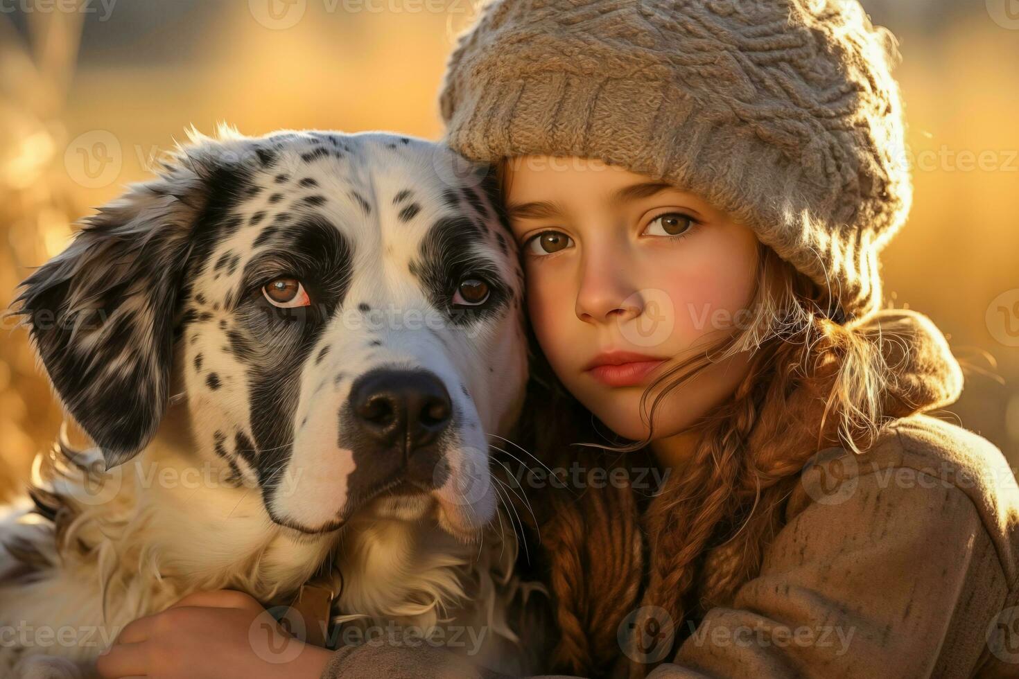 ai gegenereerd weinig meisje knuffelen een hond. foto