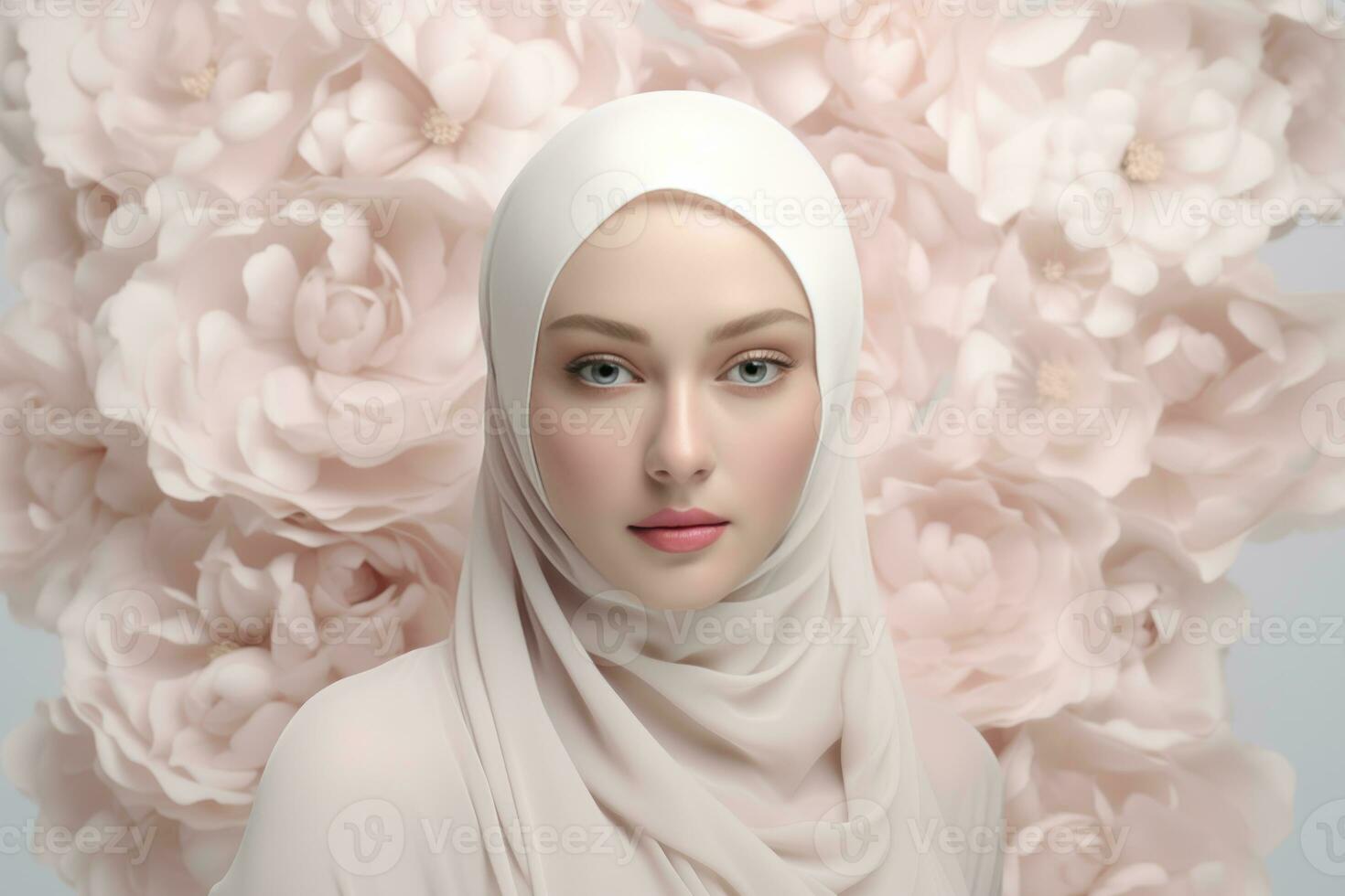 ai gegenereerd jong moslim vrouw tegen zacht roze bloemen achtergrond. ai gegenereerd foto