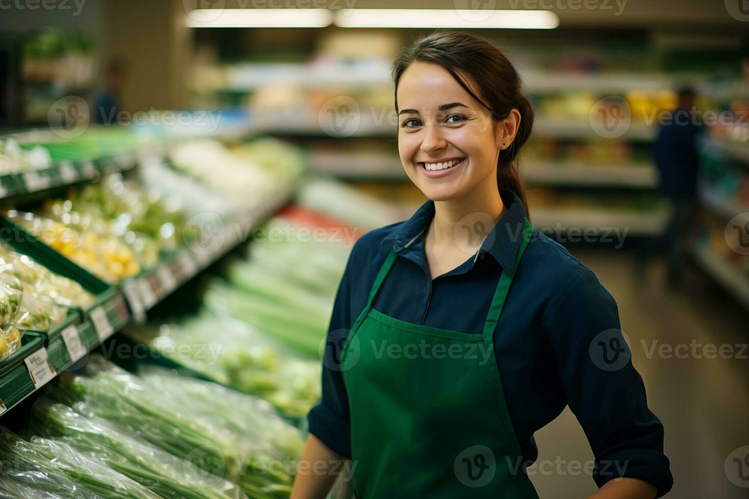 ai gegenereerd een vrouw personeel in de produceren sectie van een supermarkt foto