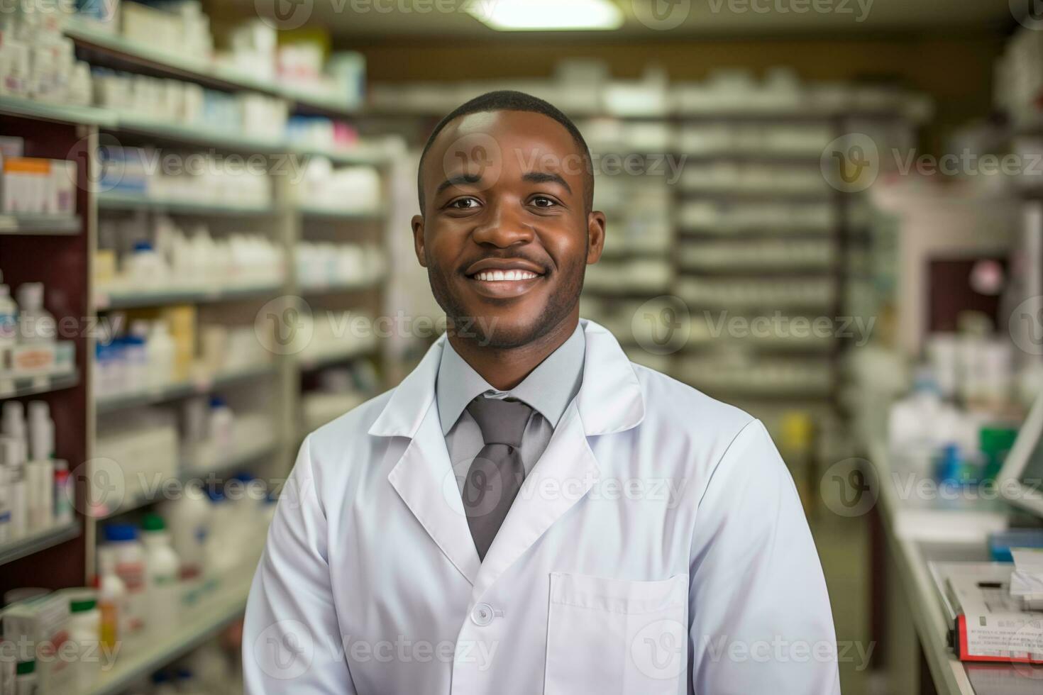ai gegenereerd een jong Afrikaanse Amerikaans mannetje apotheker in een apotheek foto