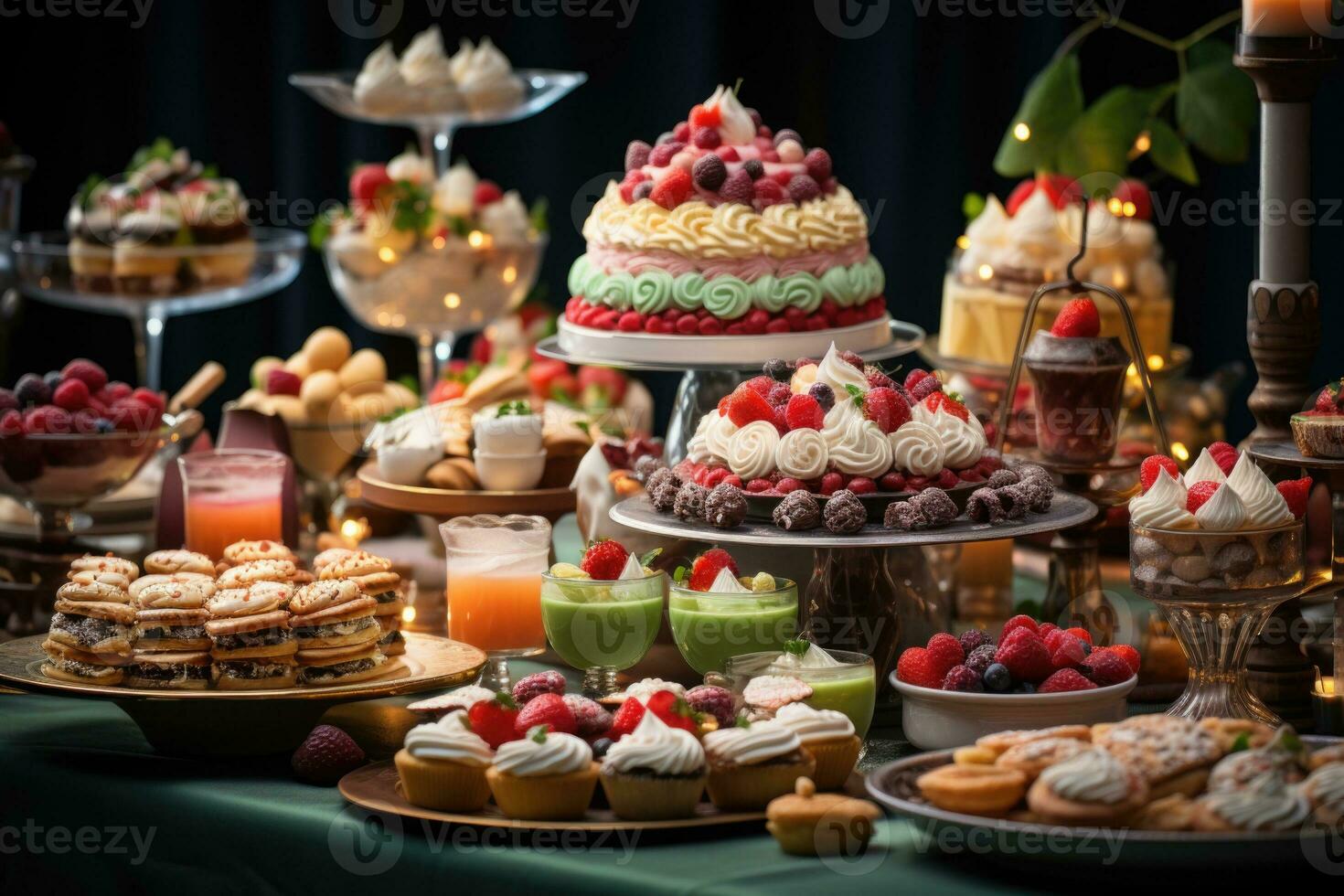 ai gegenereerd een feestelijk toetje tafel met een verscheidenheid van miniatuur traktaties, inclusief cupcakes, koekjes, en gebakjes. generatief ai foto