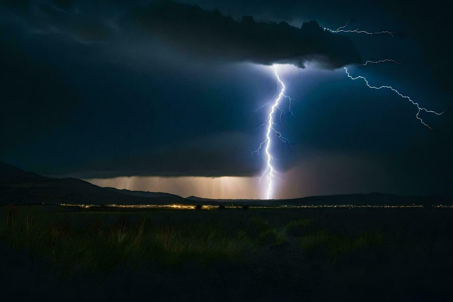 ai gegenereerd een bliksem bout stakingen door de lucht over- een veld- foto