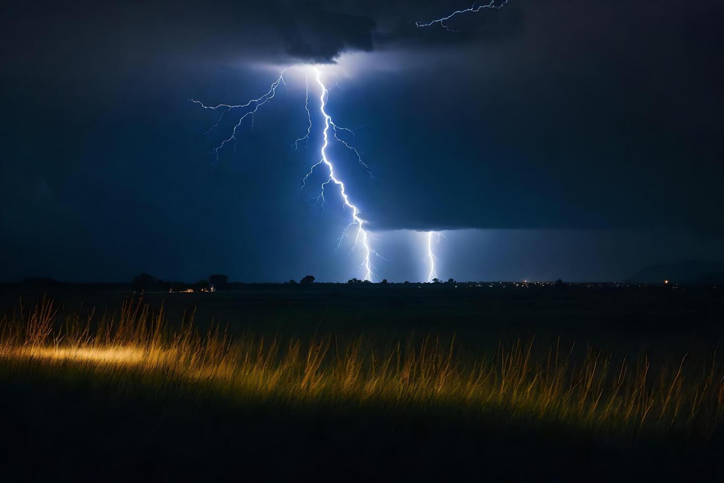 ai gegenereerd bliksem stakingen over- een veld- in de donker foto