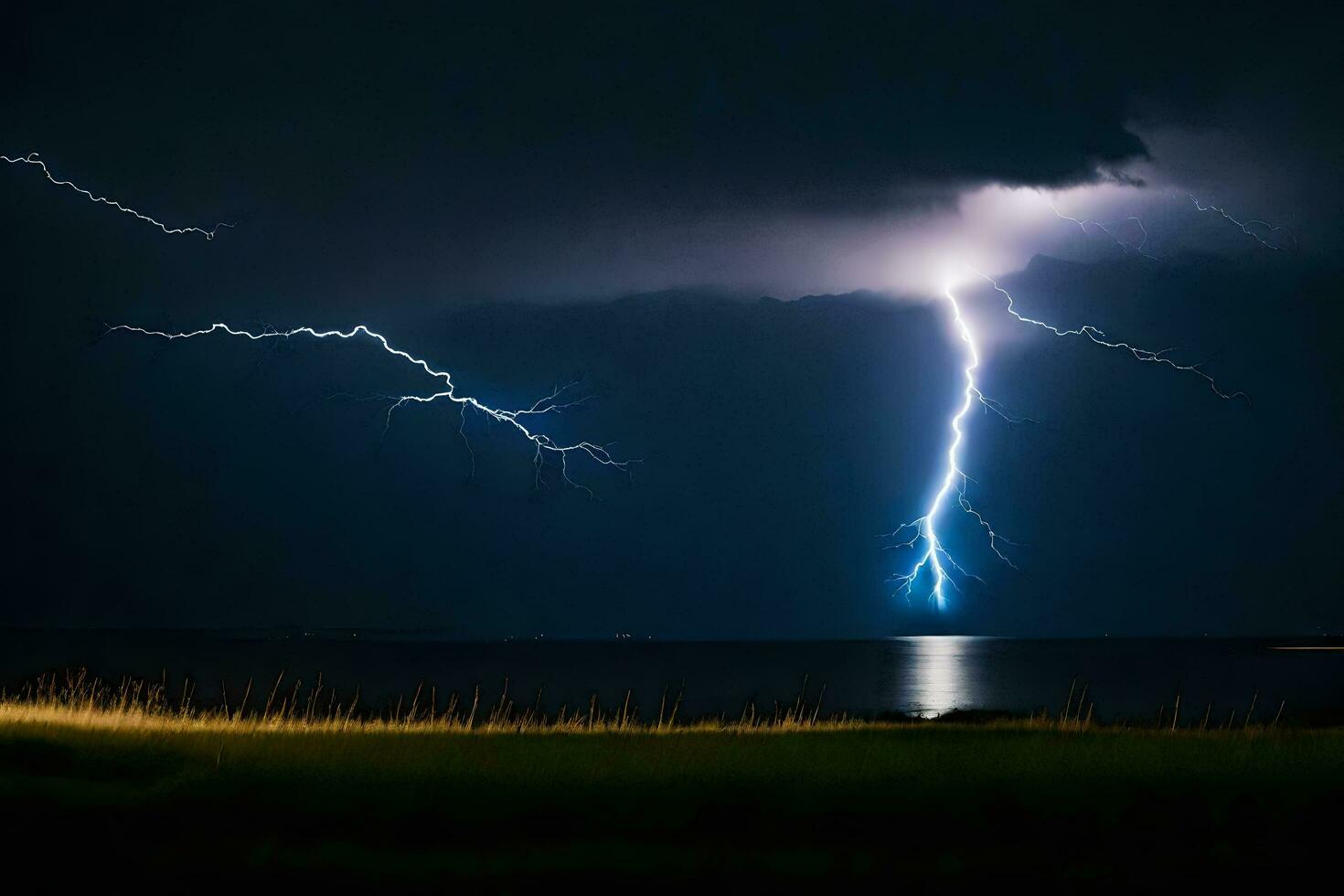 ai gegenereerd bliksem stakingen over- de oceaan en met gras begroeid veld- foto