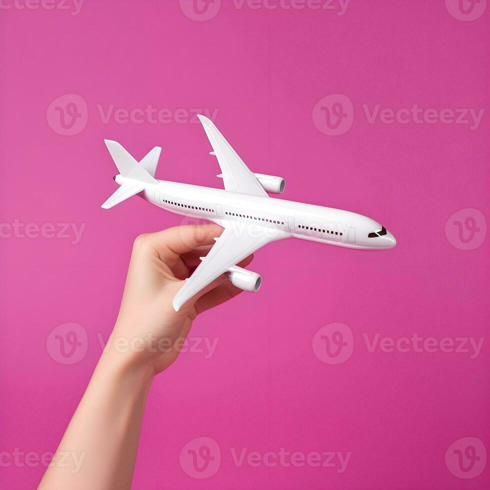 ai gegenereerd hand- Holding wit model- vliegtuig Aan roze achtergrond foto